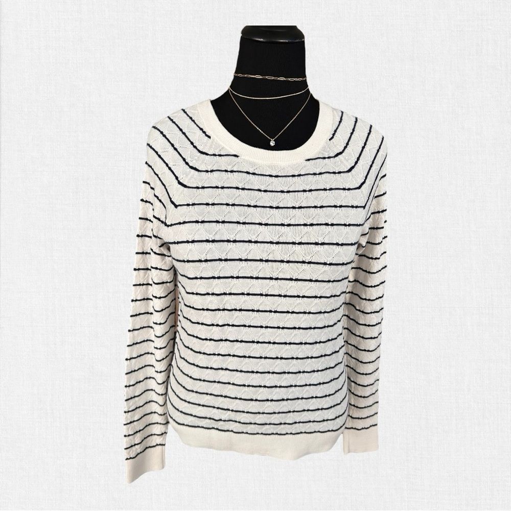 J. Crew Off-White & Navy Blue M Lightweight Striped Sweater Preppy Nautical